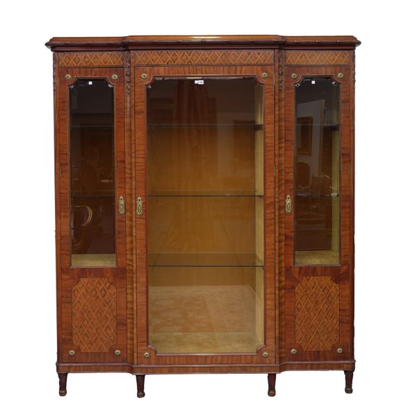 A LARGE GILT METAL MOUNTED INLAID MAHOGANY BREAKFRONT TRIPLE SECTION DISPLAY CABINET