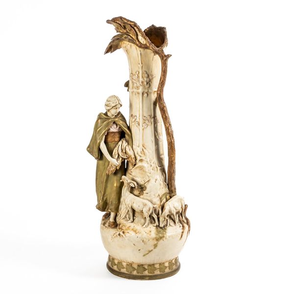 ROYAL DUX; A LARGE FIGURAL VASE, SHEPHERDESS WITH GOATS