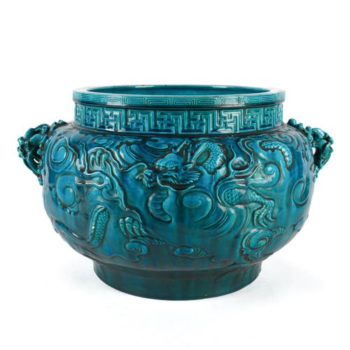 A LARGE THEODORE DECK FAIENCE 'PERSIAN BLUE' GROUND JARDINIERE