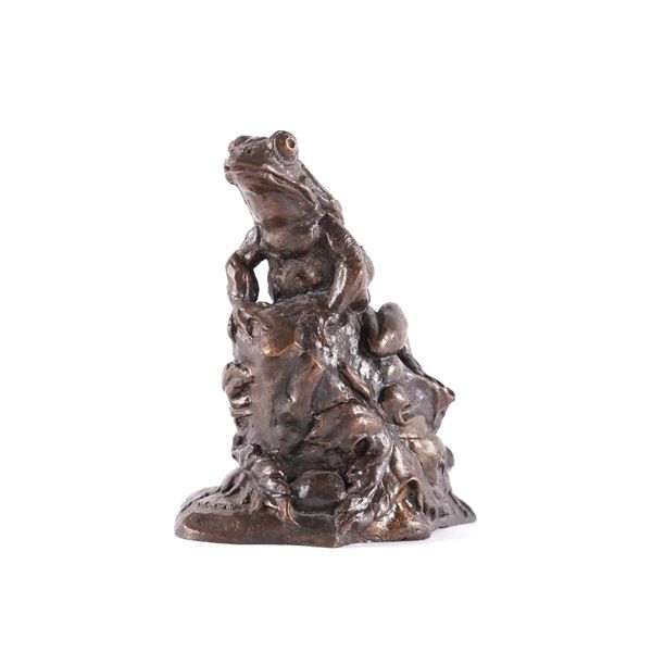 A BRONZE MODEL OF A FROG ON NATURALISTIC ROCK BASE