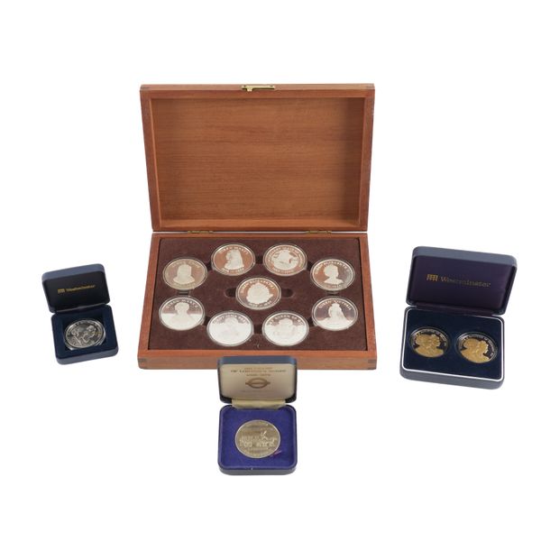 A SET OF NINE SILVER MEDALLIONS COMMEMORATING THE QUEENS OF THE BRITISH ISLES AND FURTHER ITEMS (4 CASES)