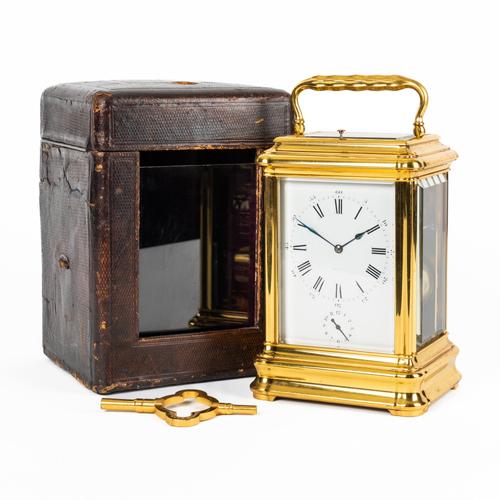 A FINE AND RARE GIANT GRANDE SONNERIE STRIKING AND REPEATING CARRIAGE CLOCK WITH ORIGINAL CASE AND KEY