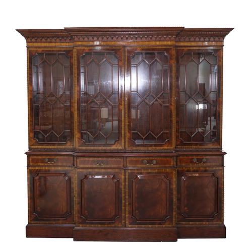 A GEORGE III STYLE INLAID MAHOGANY BREAKFRONT BOOKCASE CABINET
