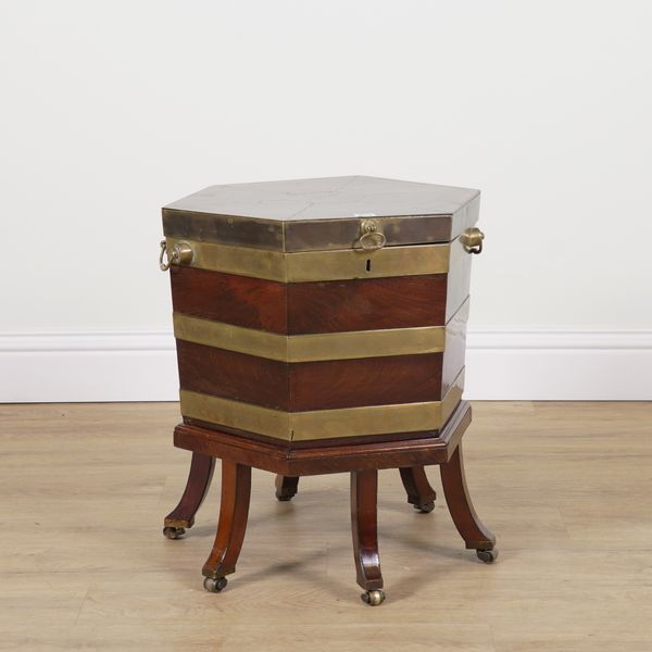 A GEORGE III MAHOGANY BRASS BOUND OCTAGAONAL WINE COOLER