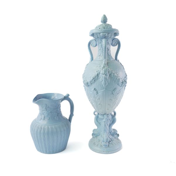 A RARE STAFFORDSHIRE TALL BLUE STONEWARE THREE-HANDLED POT POURRI VASE, LINER AND PIERCED COVER