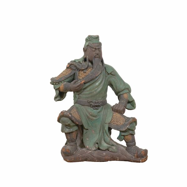 A MODERN ASIAN CARVED AND PAINTED WOOD FIGURE DEPICTING A WARRIOR