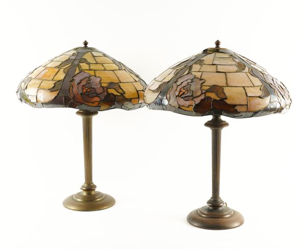 POSSIBLY DUFFNER & KIMBERLY: A LARGE MATCHED PAIR OF TIFFANY STYLE STAINED GLASS MOUNTED BRASS TABLE LAMPS (2)