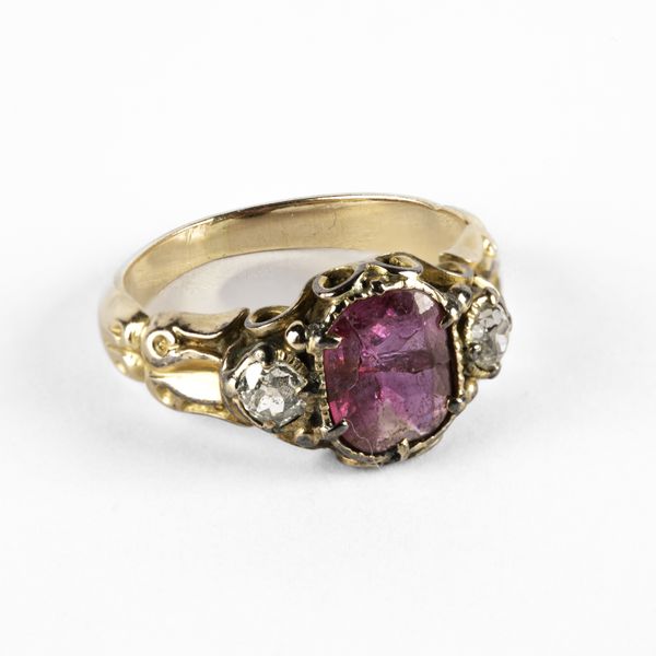 A 19th Century yellow metal ruby and diamond three-tone ring