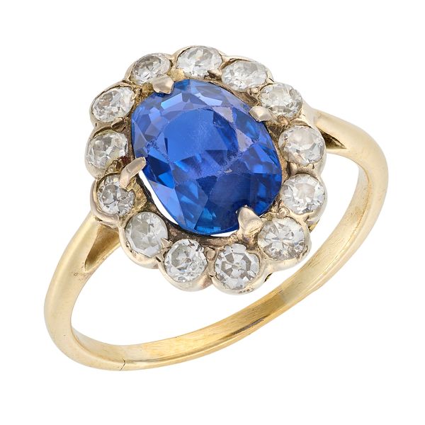A BURMA NO HEAT SAPPHIRE AND DIAMOND CLUSTER RING
