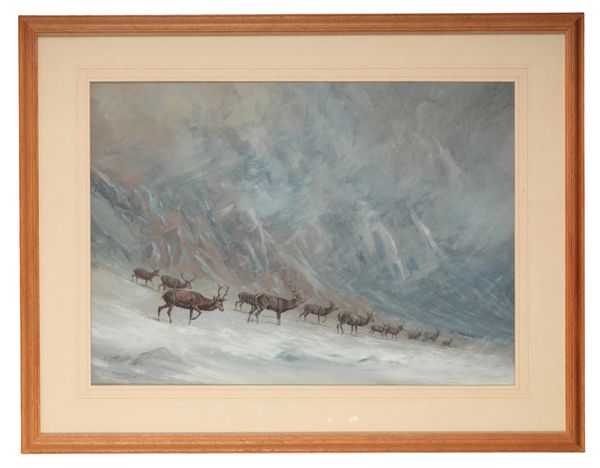 *HAROLD FRANK WALLACE (1881-1962) A herd of red deer descending a mountainside in a snowstorm