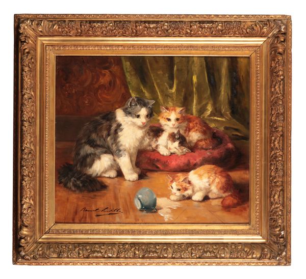 ALFRED ARTHUR BRUNEL DE NEUVILLE (1852-1941) A cat and kittens in an interior