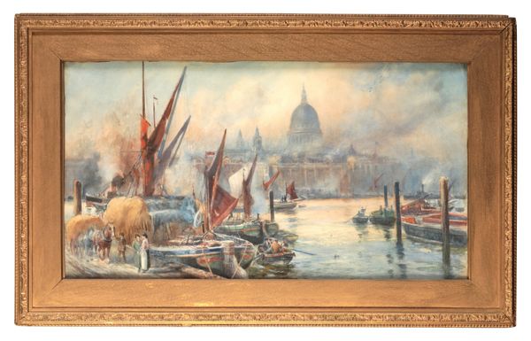 CHARLES JOHN DE LACY (1856-c.1936) Thames scene with shipping and figures to the foreground and St. Paul's beyond