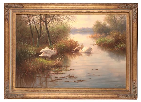 RON MEILOF (1953-2016) Swans in a river landscape