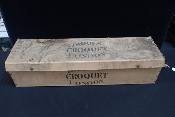 A JAQUES CROQUET SET, IN CARTON AND WOOD CASE