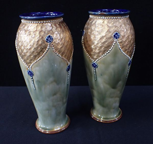 A PAIR OF ROYAL DOULTON  'GILT CIRCLE' ART NOUVEAU VASES