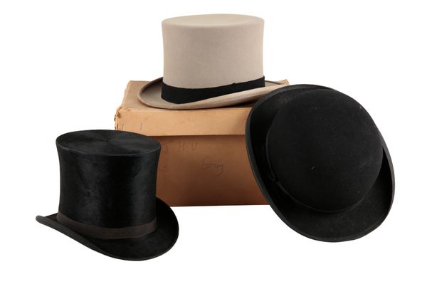 A GREY TOP HAT BY "LOCK & CO HATTERS ST. JAMES LONDON"