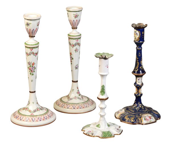 A BATTERSEA-STYLE ENAMEL CANDLESTICK