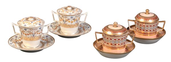 TWO PAIRS OF ENGLISH PORCELAIN CHOCOLATE CUPS, COVERS AND STANDS