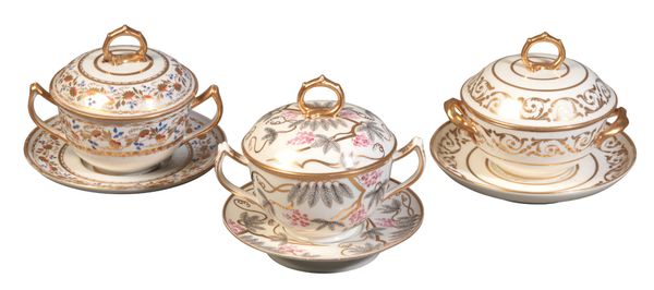 A GROUP OF THREE ENGLISH PORCELAIN CHOCOLATE CUPS, COVERS AND STANDS