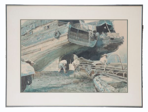 CHINESE SCHOOL, 20TH CENTURY A group of figures in a dock yard