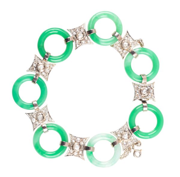 A BELLE-EPOQUE JADEITE JADE AND DIAMOND BRACELET