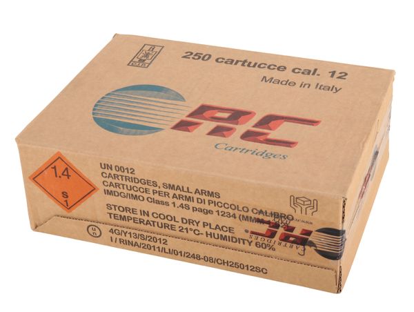 A BOX OF 12 BORE RC CARTRIDGES FIBRE SHOT