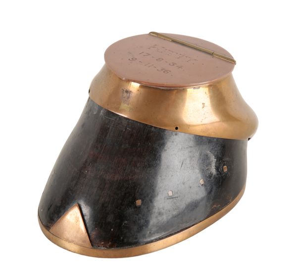 A COPPER AND BRASS HORSE HOOF INKWELL