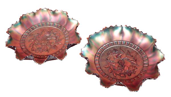 A PAIR OF IRIDESCENT PURPLE 'CARNIVAL GLASS' DISHES