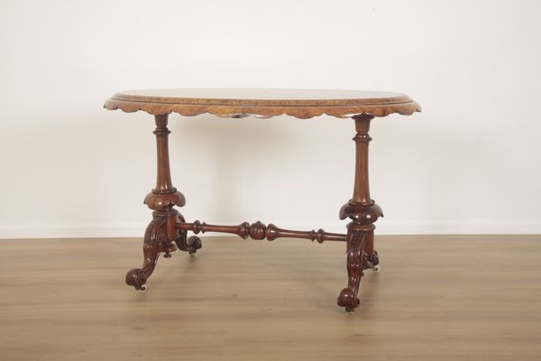 A VICTORIAN BURR WALNUT OCCASIONAL OVAL TABLE