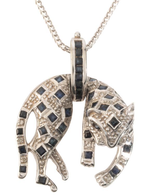 A SAPPHIRE AND DIAMOND PANTHER PENDANT NECKLACE