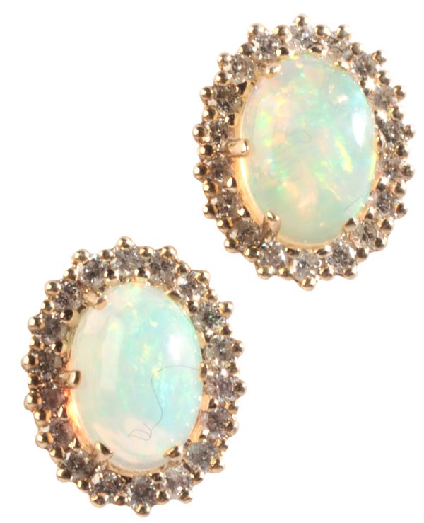 A PAIR OF OPAL AND DIAMOND CLUSTER EARRINGS