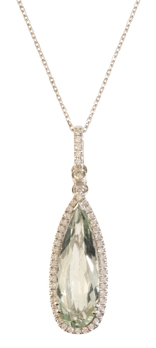 A PRASIOLITE AND DIAMOND PENDANT NECKLACE