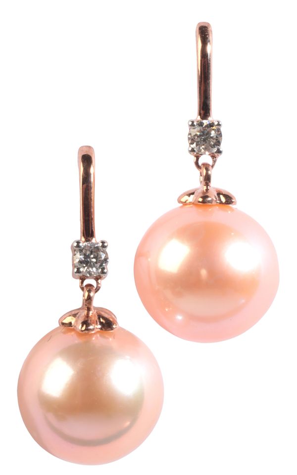 A PAIR OF PINK PEARL AND DIAMOND DROP EARRINGS