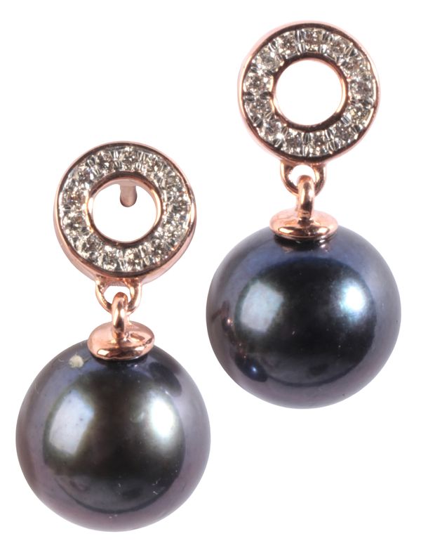 A PAIR OF BLACK PEARL AND DIAMOND EARRINGS