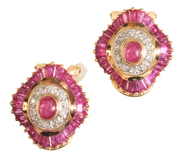 A PAIR OF RUBY AND DIAMAOND CLUSTER EARRINGS