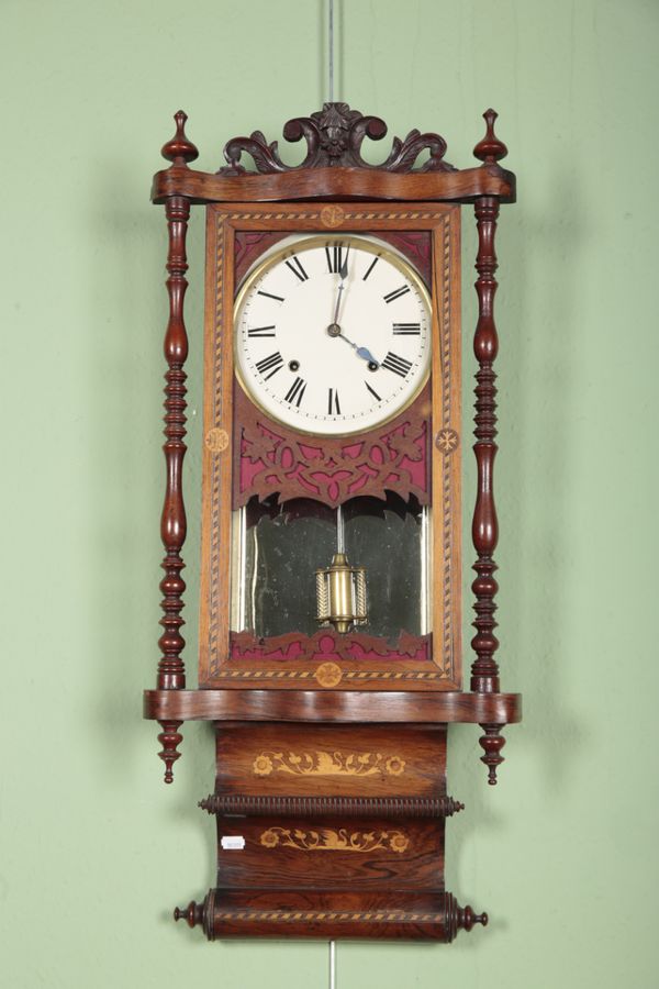 AN ANGLO-AMERICAN ROSEWOOD AND MARQUETRY WALL CLOCK