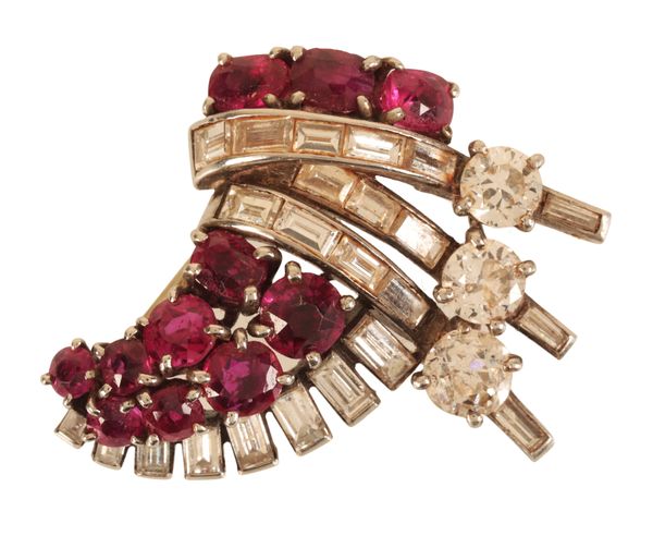 A BURMA NO HEAT RUBY AND DIAMOND BROOCH