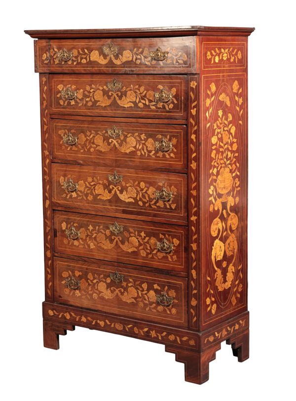 A DUTCH WALNUT AND MARQUETRY TALL CHEST OF DRAWERS