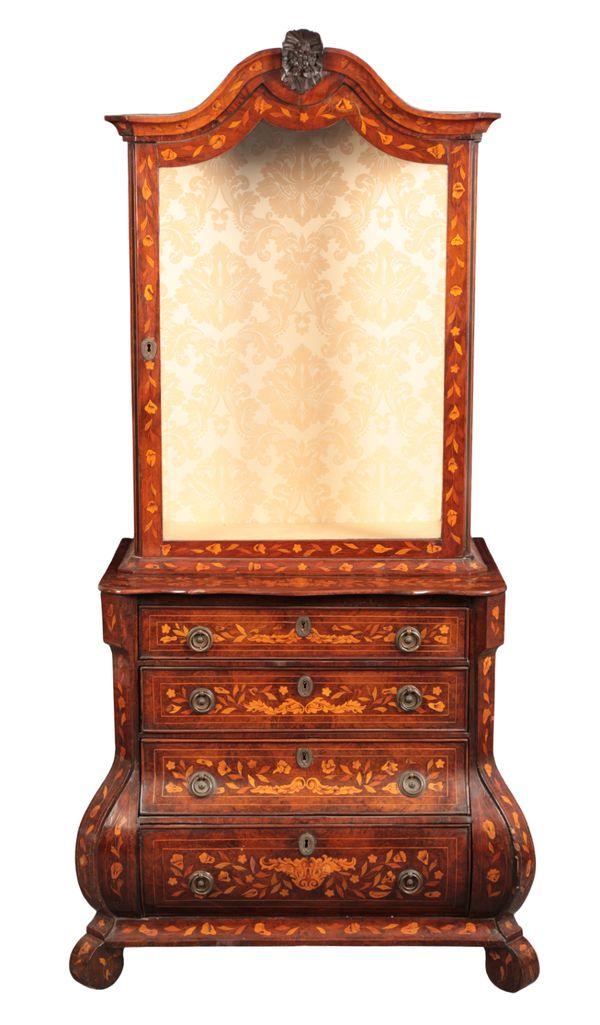 A DUTCH WALNUT AND MARQUETRY DISPLAY CABINET ON CHEST