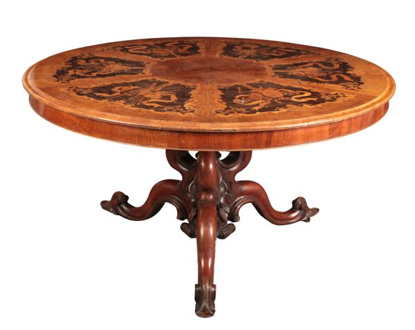 AN EARLY VICTORIAN WALNUT AND MARQUETRY CIRCULAR CENTRE TABLE