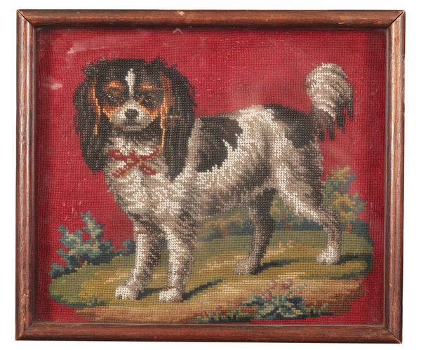 A VICTORIAN GLASS BEADWORK FRAMED PANEL OF A KING CHARLES SPANIEL