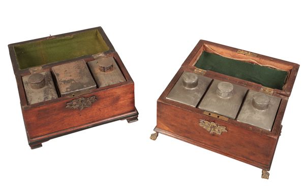 TWO MAHOGANY SARCOPHAGUS SHAPED TEA CADDIES