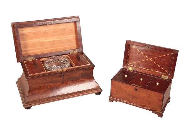 TWO MAHOGANY SARCOPHAGUS SHAPED TEA CADDIES