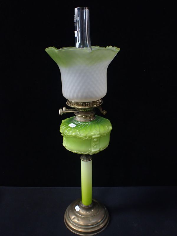 A VICTORIAN GREEN OPAQUE GLASS OIL LAMP