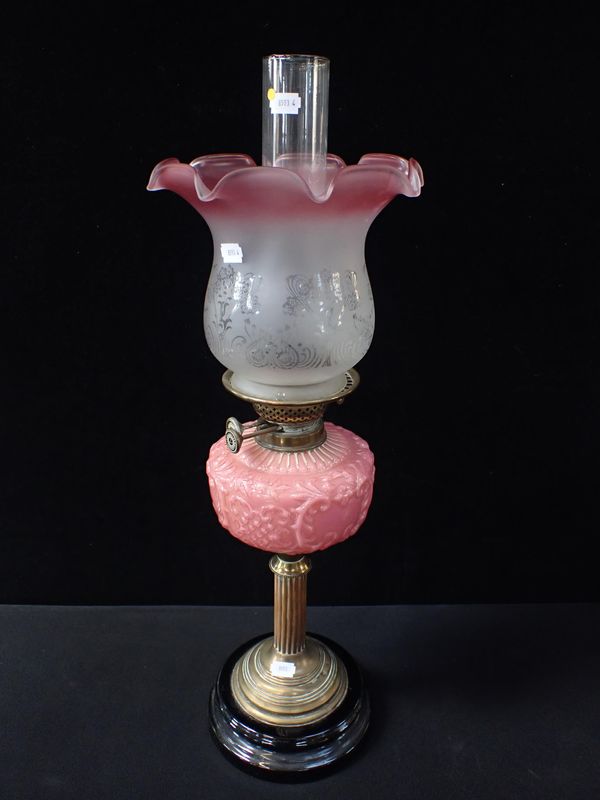 A VICORIAN PINK OPAQUE GLASS OIL LAMP