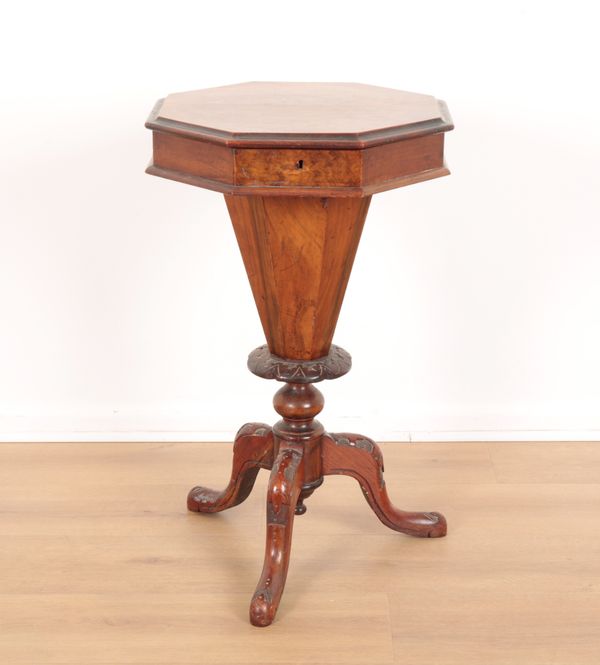 A VICTORIAN BURR WOOD AND MAHOGANY TRUMPET SHAPED WORK TABLE