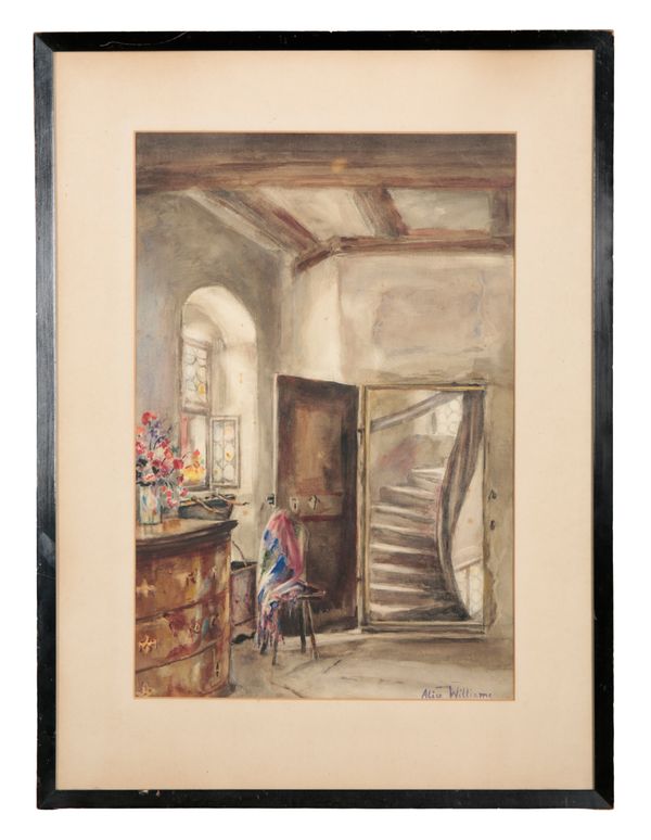 ALICE WILLIAMS (19th/20th Century) An interior scene with winding staircase