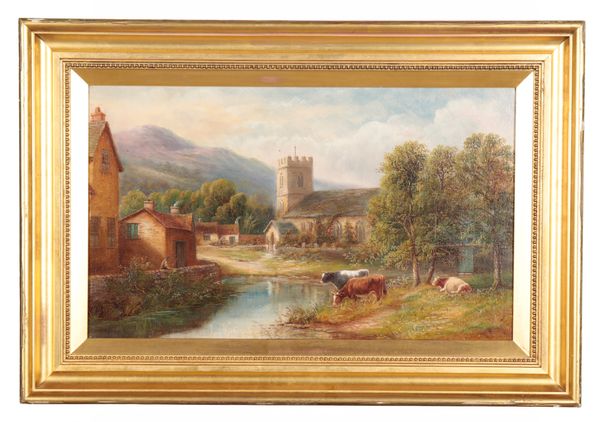 ENGLISH SCHOOL, 19TH CENTURY A village scene with cows beside a stream to the foreground, a church beyond