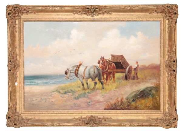 G. MELVILLE (19th/20th Century) Two shire horses, a cart and driver at the coast