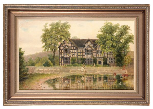 MONOGRAMMIST J.J. (19th Century) Figures in front of a Tudor style house